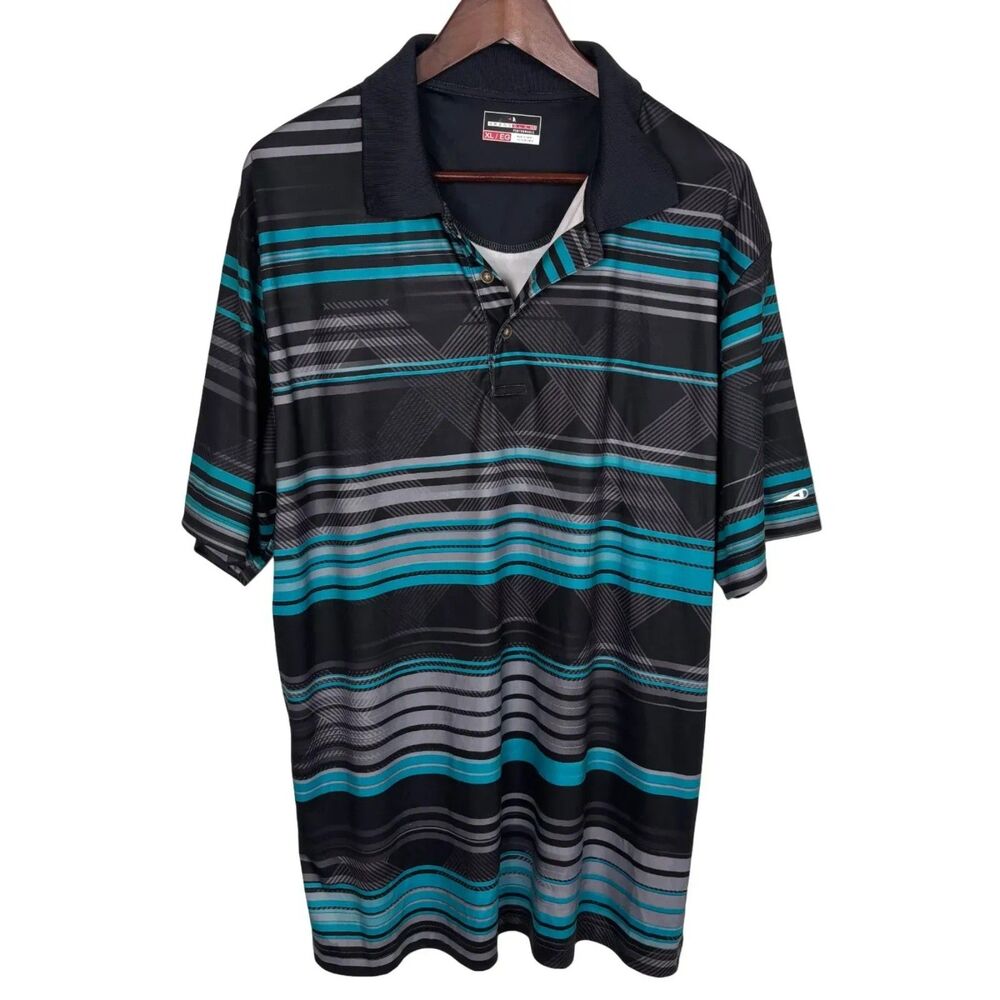 Grand Slam Performance Black Gray Blue Striped Polo Shirt Men's XL